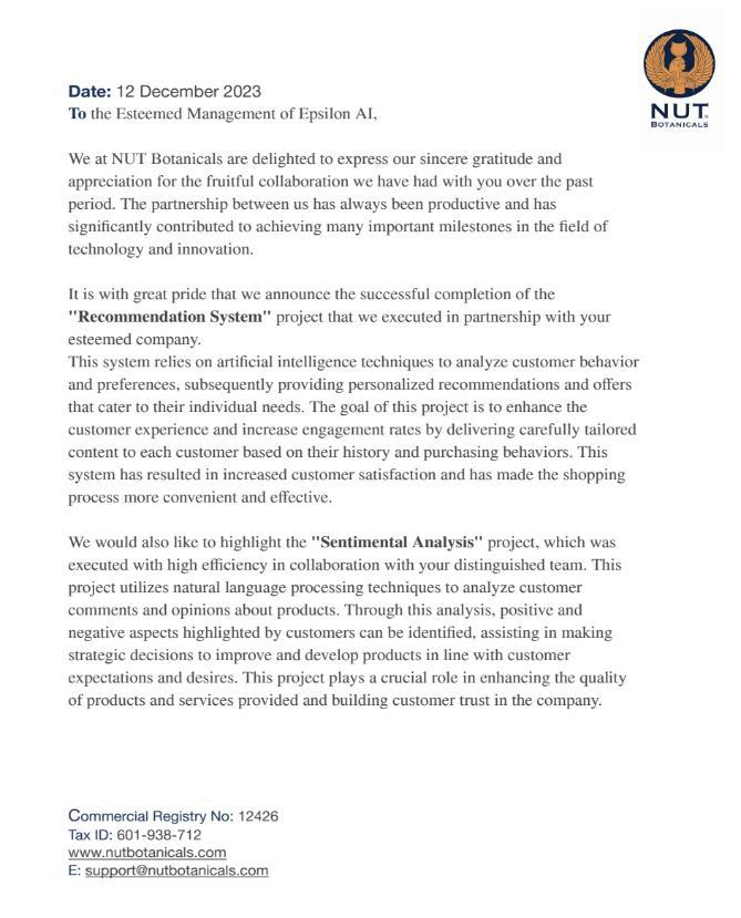 NUT Botanicals &mdash; client letter: Recommendation & sentiment projects. Reproduced from the shared success-story brochure.