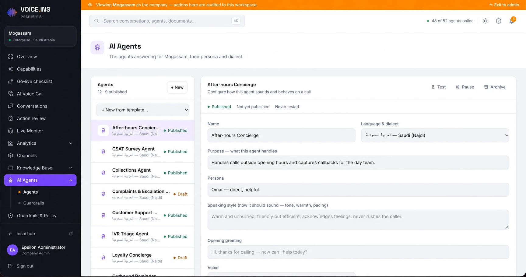 VoiceINS AI voice agents &mdash; persona, dialect and the build-test-publish lifecycle.