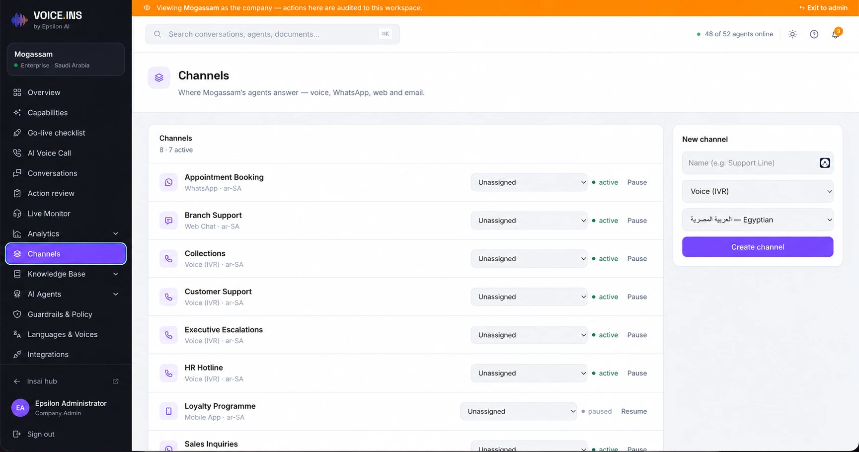 VoiceINS channels &mdash; voice, WhatsApp, web and email, each with its own agent and dialect.