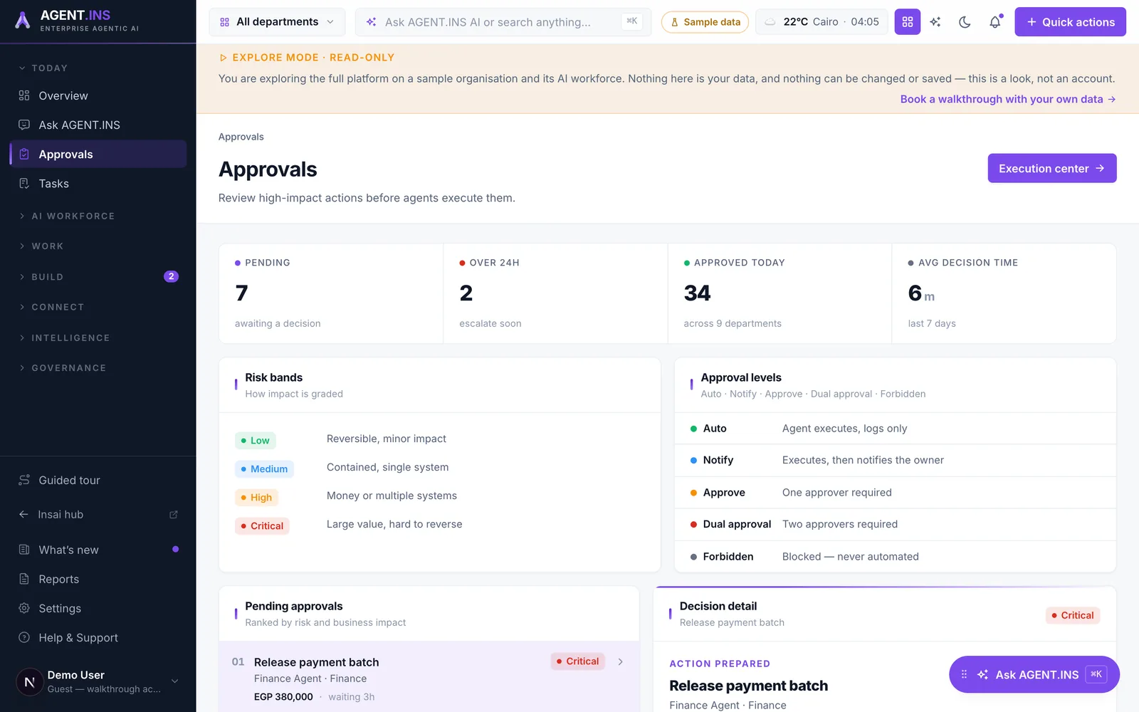 AgentINS human-in-the-loop approvals &mdash; sample data.