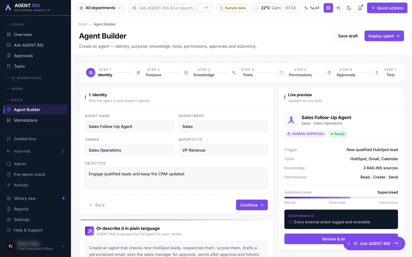 AgentINS visual agent builder &mdash; sample data.