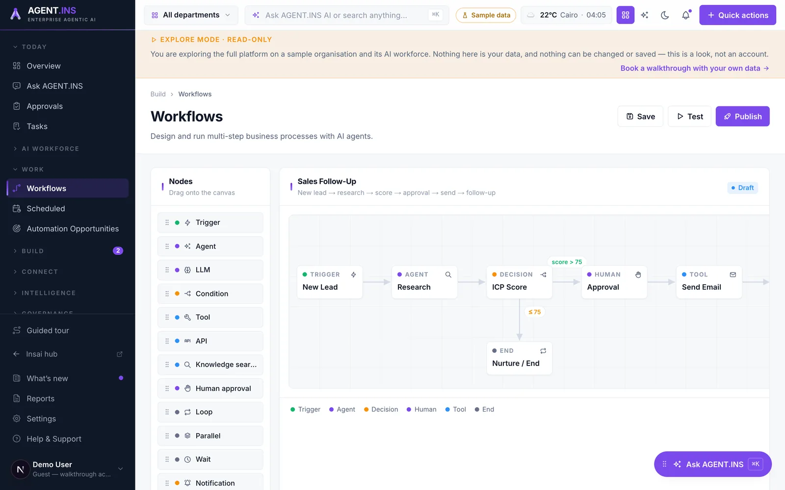 AgentINS automated workflows &mdash; sample data.
