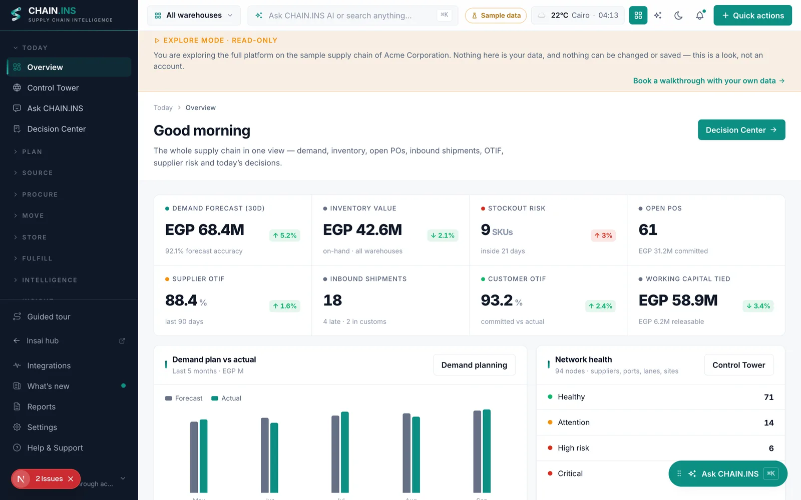 ChainINS supply-chain control tower &mdash; sample data.