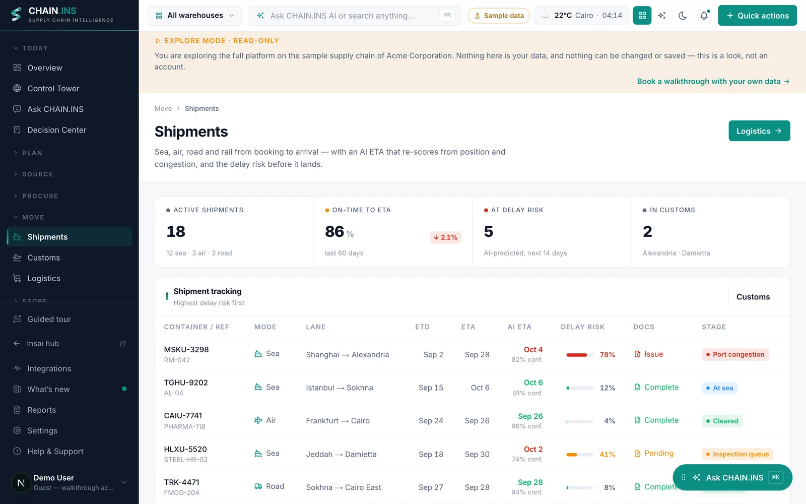 ChainINS live shipment tracking &mdash; sample data.