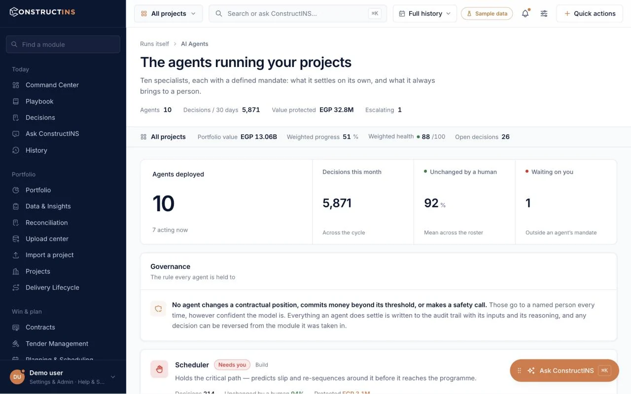 ConstructINS AI agents and the governance rule every agent is held to &mdash; sample data.
