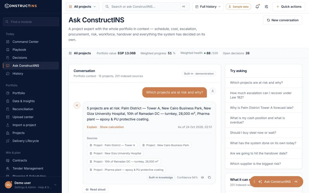 ConstructINS project expert answering from the portfolio, with sources and confidence &mdash; sample data.