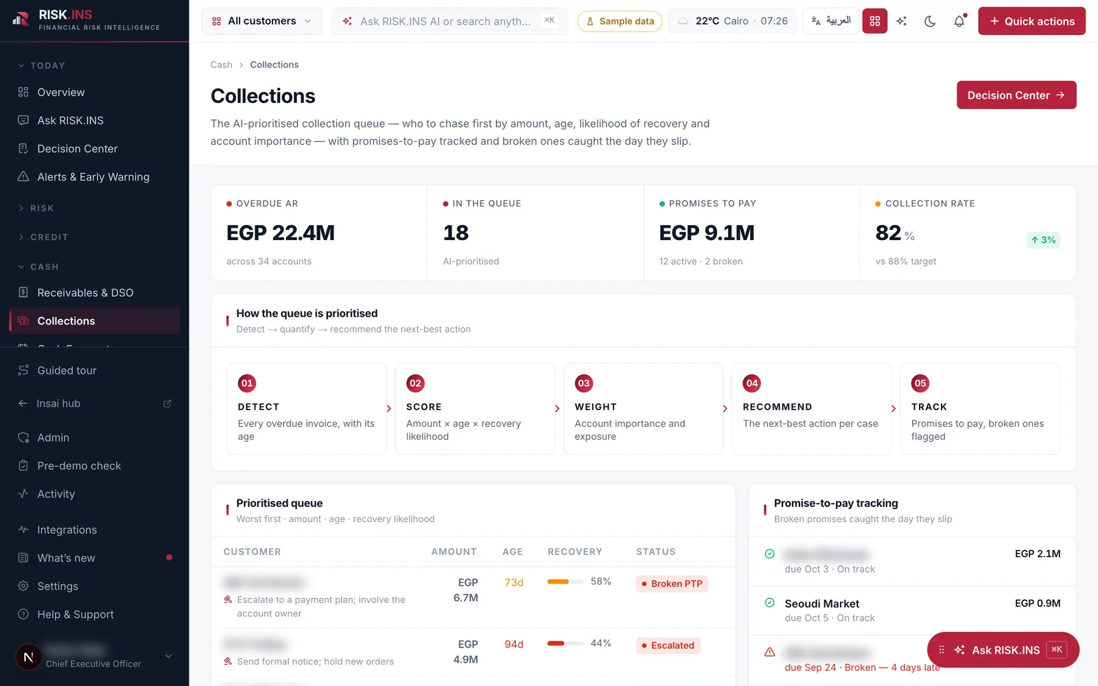RiskINS collections intelligence &mdash; sample data.