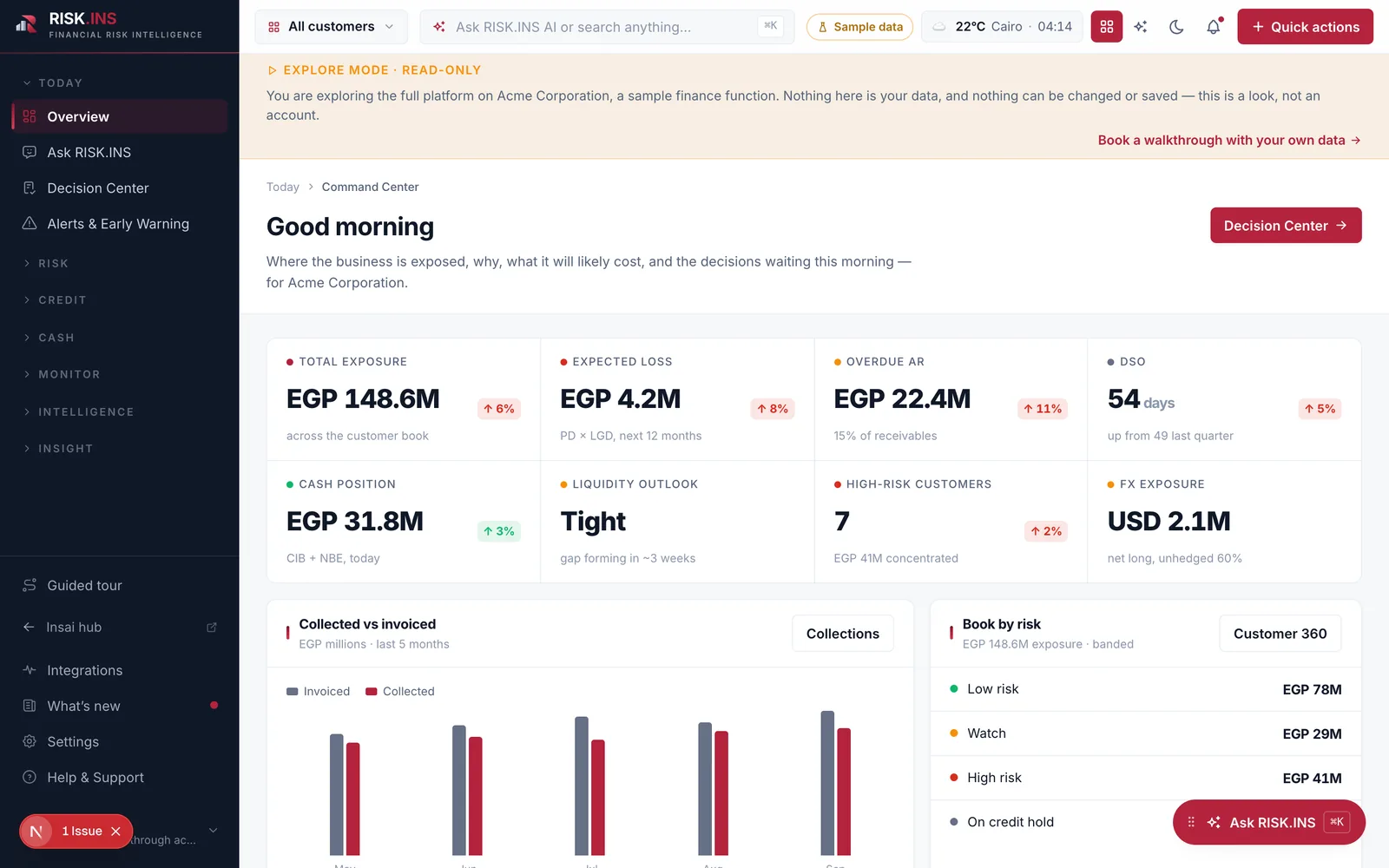 RiskINS financial-risk command center &mdash; sample data.