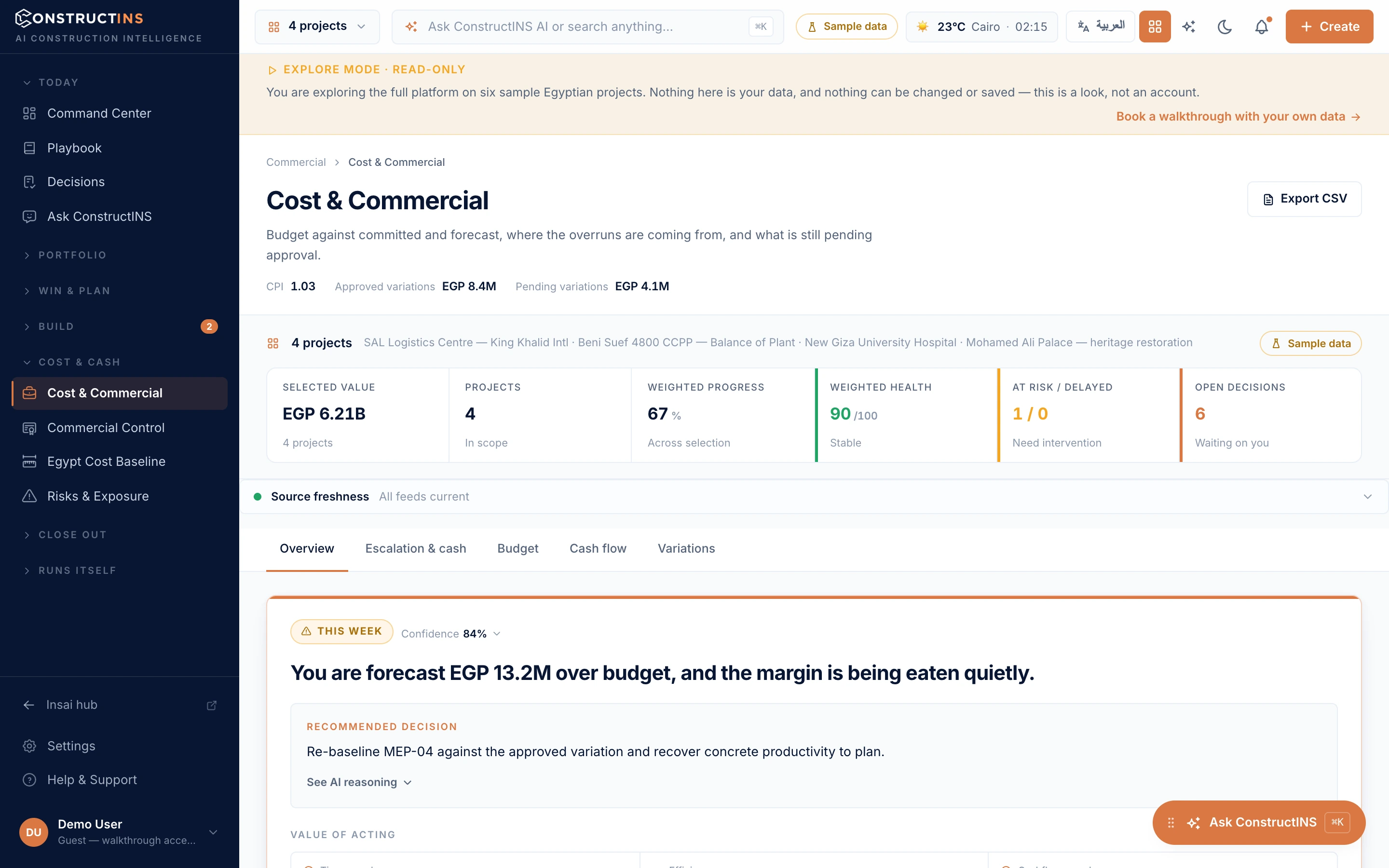 ConstructINS cost dashboard &mdash; public demo with sample data.