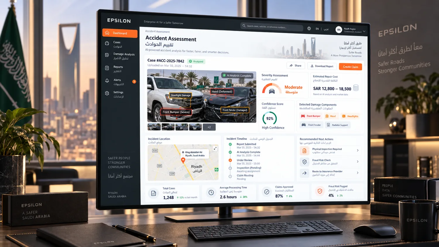Accident-assessment damage detection. Representative interface with sample data &mdash; not the actual production platform, which is confidential.