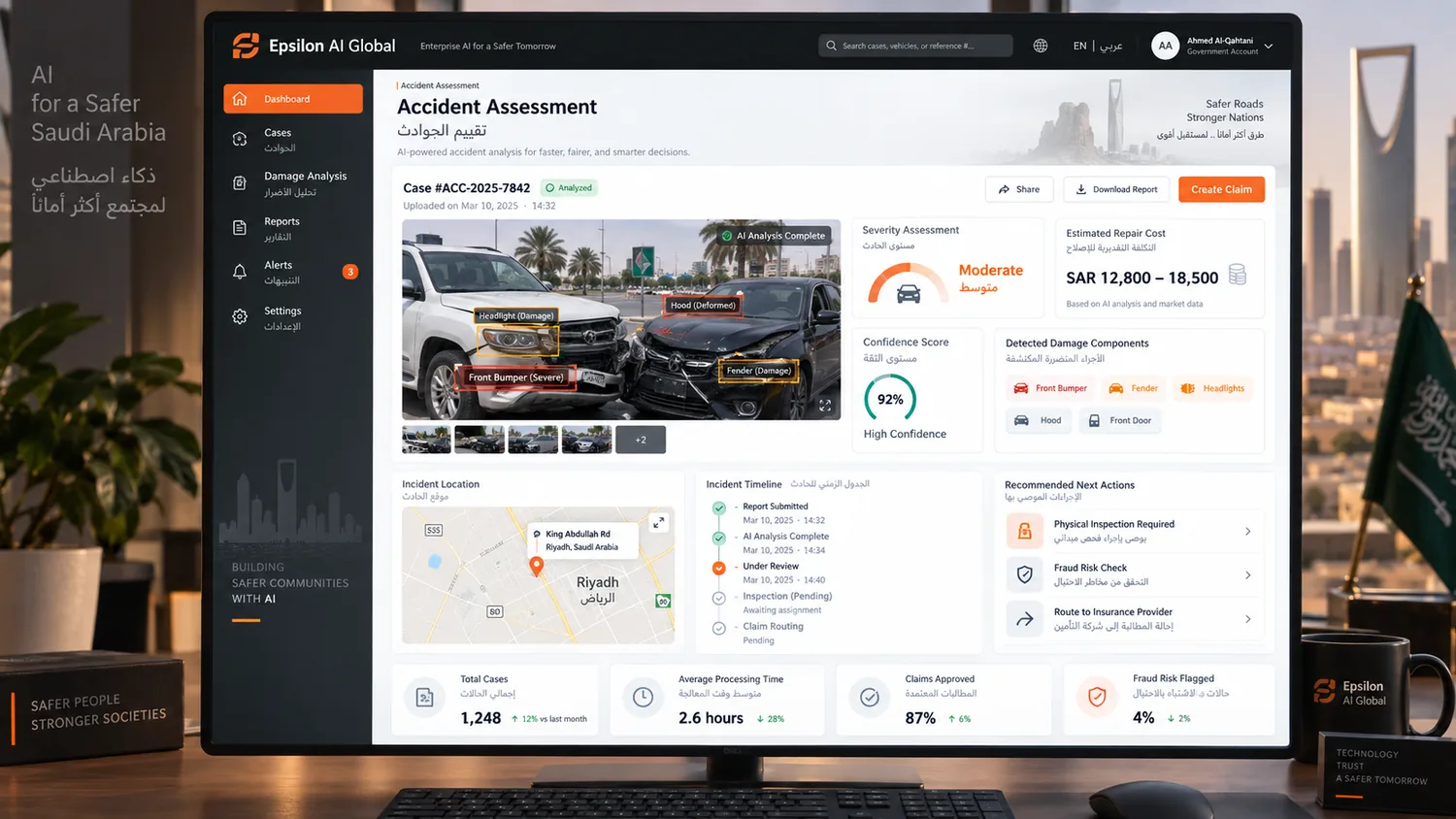 AI accident-assessment console with human-supervised review. Representative interface with sample data &mdash; not the actual production platform, which is confidential.