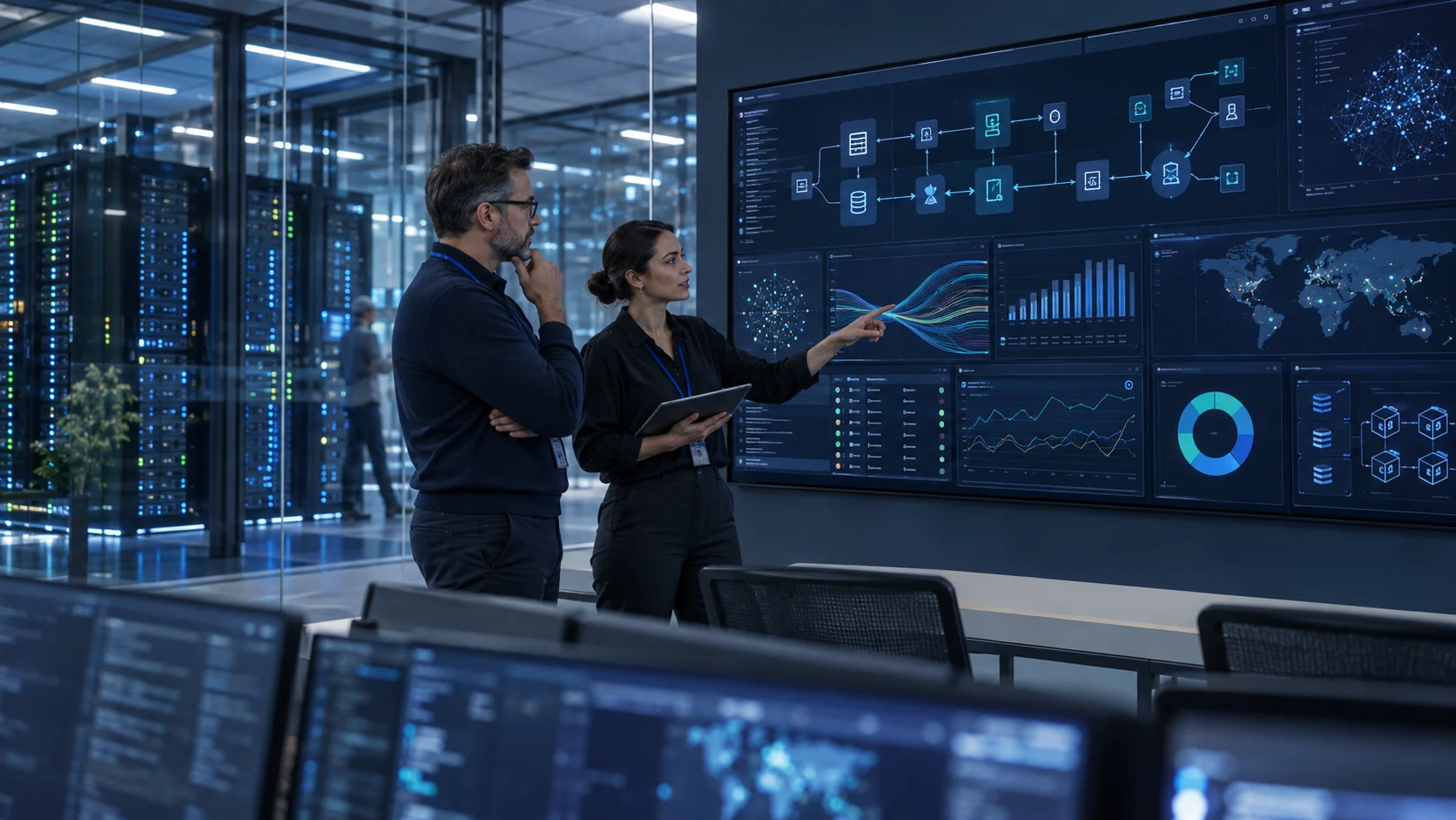 AI-generated illustration of a production data platform operations room with governed pipelines, observability and machine-learning infrastructure.