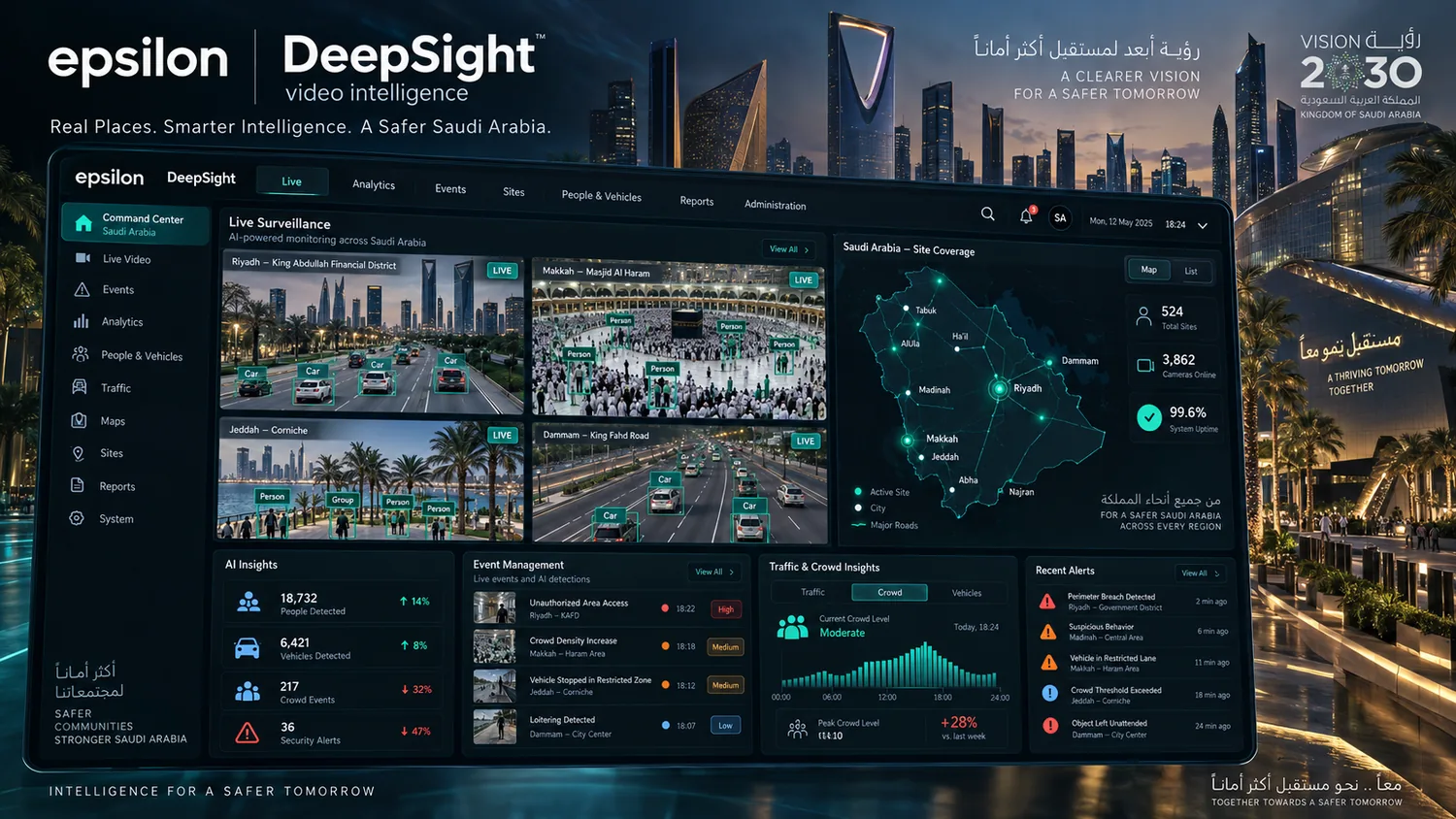 DeepSight live surveillance overview. Representative interface with sample data &mdash; not the actual production platform, which is confidential.