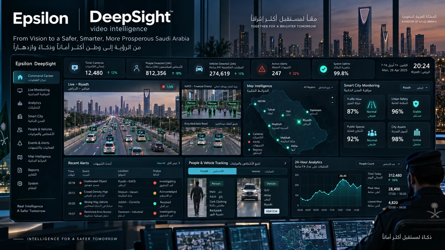 DeepSight smart-city monitoring. Representative interface with sample data &mdash; not the actual production platform, which is confidential.